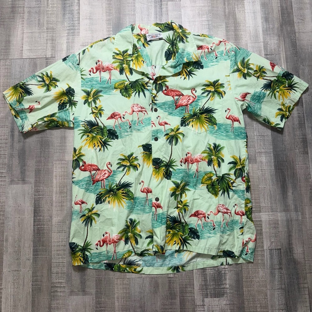 Pacific Legend Mens XL Hawaiian Shirt Flamingo Tropical Print Cotton Green